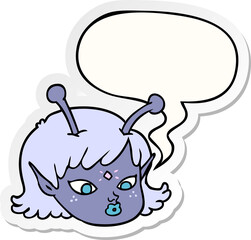 cartoon alien space girl face with speech bubble sticker