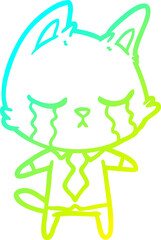 cold gradient line drawing of a crying cartoon office worker cat
