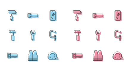 Set line Hand saw, Safety vest, Paint roller brush, Roulette construction, Adjustable wrench, Clamp screw tool, Hammer and icon. Vector