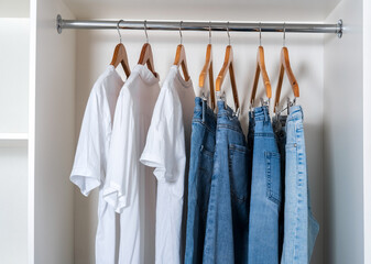 Close-up of white T-shirts and blue jeans hanging on a hangers in a white closet.
