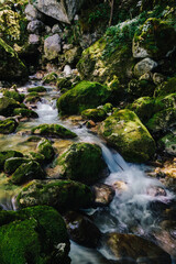 Fototapeta na wymiar Waterfalls of the Cholet river in the French Alps, near Pont En Royans in the Vercors mountains range