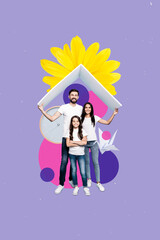 Vertical purple color 3d collage artwork of positive family together parents hold roof protecting their kid isolated painted background