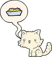 cute cartoon cat and food with speech bubble in comic book style