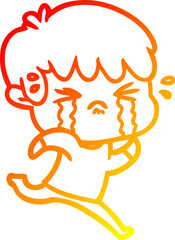 warm gradient line drawing of a cartoon boy crying