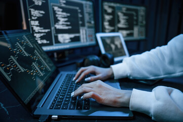 Naklejka na ściany i meble Side close up view of female hacker hands, typing on keyboard