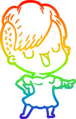 rainbow gradient line drawing of a cute cartoon girl with hipster haircut