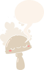 cartoon mushroom with spoor cloud with speech bubble in retro style