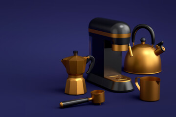 Espresso coffee machine with horn, kettle and geyser coffee maker on blue .