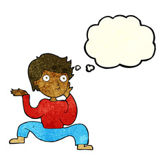 cartoon boy doing crazy dance with thought bubble