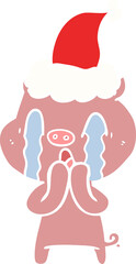 crying pig hand drawn flat color illustration of a wearing santa hat