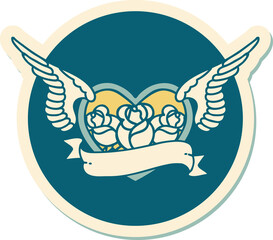 sticker of tattoo in traditional style of a flying heart with flowers and banner