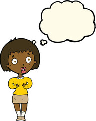 cartoon woman making Who Me? gesture with thought bubble