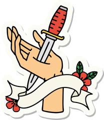 tattoo style sticker with banner of a dagger in the hand