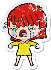 distressed sticker of a cartoon girl crying
