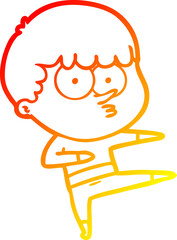 warm gradient line drawing of a cartoon curious boy dancing