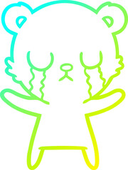 cold gradient line drawing of a crying cartoon bear