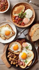 Fototapeta premium English breakfast served on a wooden tray, with fried eggs, bacon, sausages, mushrooms, tomatoes, and baked beans, toast and a cup of tea.