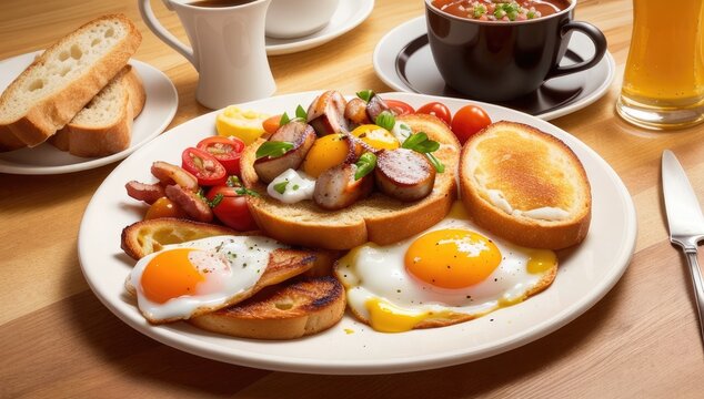 English breakfast served on a wooden tray, with fried eggs, bacon, sausages, mushrooms, tomatoes, and baked beans, toast and a cup of tea.