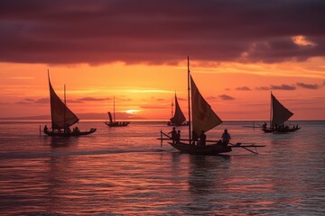 Traditional outrigger canoes gliding across glassy azure waters under a crimson and violet sunset, with sailing crews at the ready to drop nets or lines. Generative AI - obrazy, fototapety, plakaty
