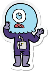 sticker of a worried cartoon cyclops alien spaceman