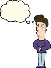 cartoon jaded man with thought bubble