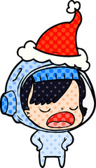 hand drawn comic book style illustration of a astronaut woman explaining wearing santa hat