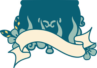 traditional tattoo with banner of a lit cauldron