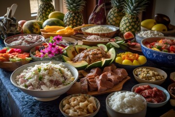 Fototapeta na wymiar Traditional Luau feast spread with kalua pork, laau pakoko fish, loihi rice, maopopo poke bowls, haupia coconut sago pudding and fresh tropical fruit salad.Generative AI