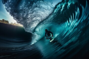 A surfer riding a massive wall of turquoise barrel waves, shot from within the tube to capture airborne arcs of water in jeweled droplets. Generative AI