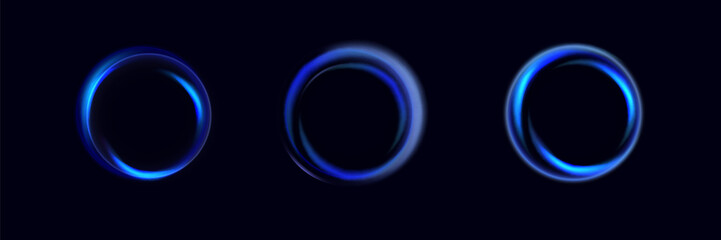 Neon swirl. Curve blue line light effect. Abstract ring background with glowing swirling background. Energy flow tunnel.