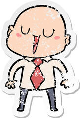 distressed sticker of a happy cartoon bald man
