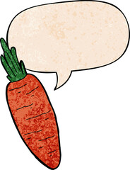 cartoon carrot with speech bubble in retro texture style