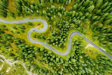 Driving cars on famous Snake Road on Italian Giau Pass. Driveway serpentine with cars surrounded by coniferous forests of Alpine mountains aerial view