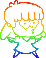 rainbow gradient line drawing of a cartoon whistling girl
