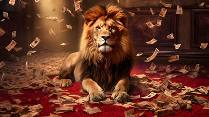 lion in a room with a lot of money, income tax, inspection, generated by ai