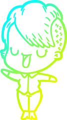 cold gradient line drawing of a cute cartoon girl with hipster haircut