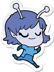 sticker of a smiling alien girl cartoon running