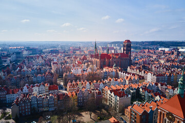 Fototapeta premium Aerial view of Gdansk city in Poland. Historical center in old town in european city. Panoramic view of modern european city
