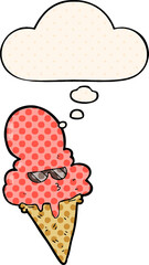 cartoon cool ice cream with thought bubble in comic book style