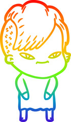 rainbow gradient line drawing of a cute cartoon girl with hipster haircut