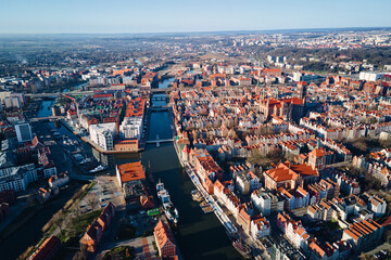 Obraz premium Aerial view of Gdansk city in Poland. Historical center in old town in european city. Panoramic view of modern european city