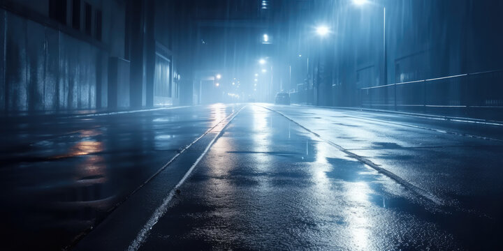 Midnight road or alley. Wet, hazy asphalt road with metal fences. crime, midnight activity concept. generative AI. 