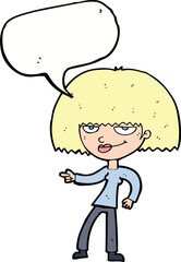 cartoon happy woman pointing with speech bubble