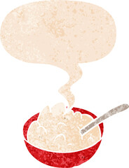cartoon bowl of porridge with speech bubble in grunge distressed retro textured style