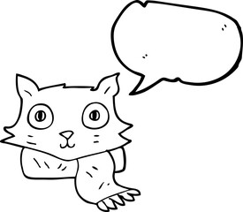 freehand drawn speech bubble cartoon cat wearing scarf