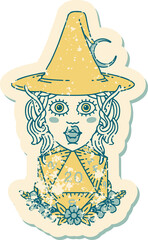 Retro Tattoo Style elf mage character with natural twenty dice roll