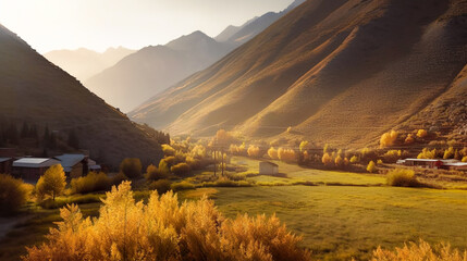 Fototapeta premium Golden Sunrise Casts a Warm Glow on the Majestic Mountain Landscape, Highlighting Its Stunning Lush Valley and Beauty - A Photograph made using Generative AI.
