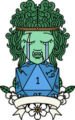 Retro Tattoo Style crying orc barbarian character with natural one D20 roll