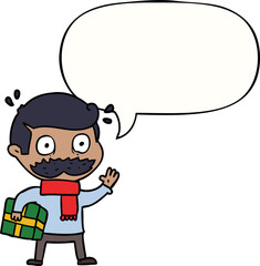 cartoon man with mustache and christmas present with speech bubble