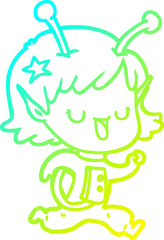 cold gradient line drawing of a happy alien girl cartoon